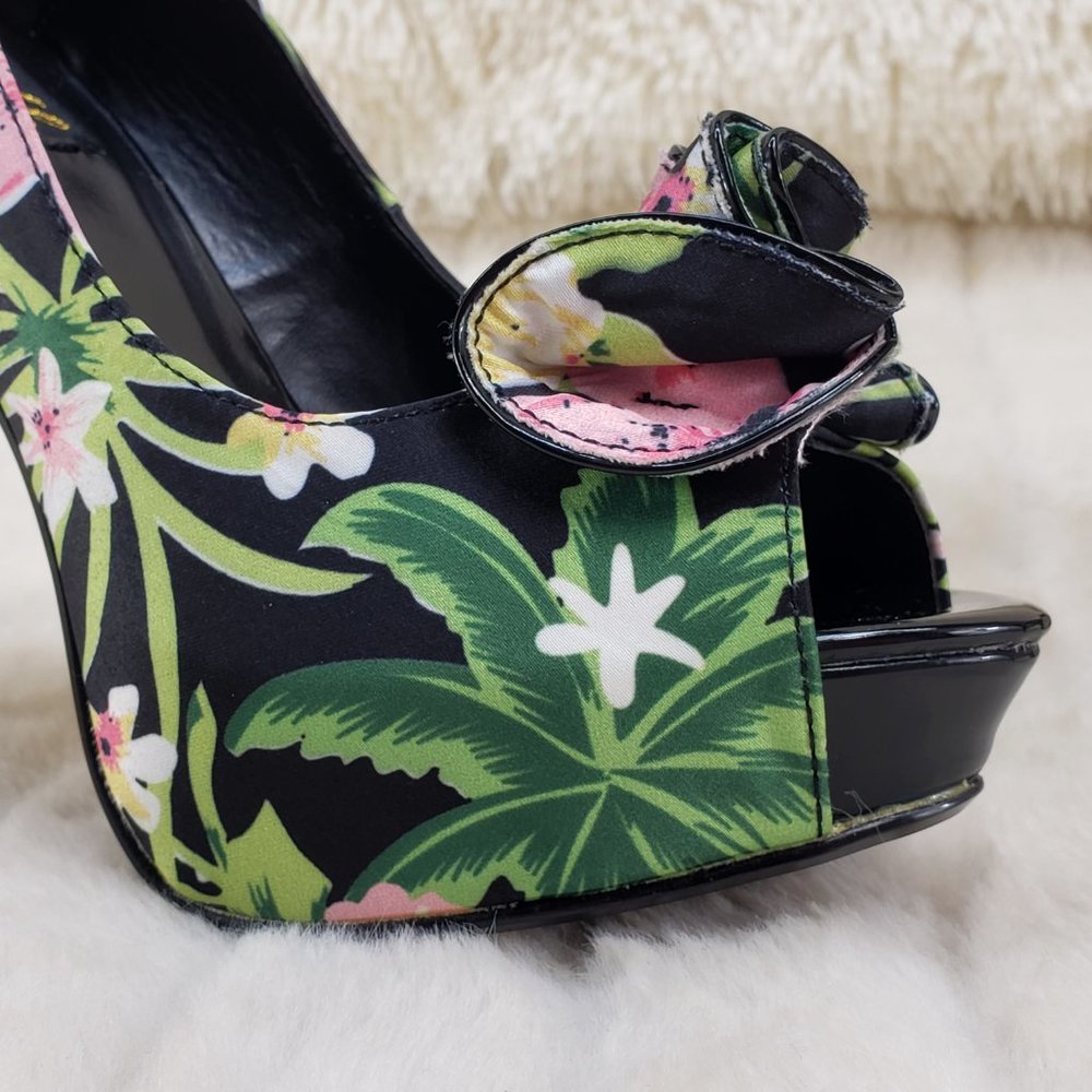 Tropical Floral Open Toe Ruffle Detail Platform Pumps Shoes - Picture 14 of 14